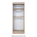 An open wooden wardrobe structure with dimensional labels: upper shelf height 29cm, hanging height 131cm, internal width 70.6cm, and internal depth 49.2cm. Text: "Image for size information only."