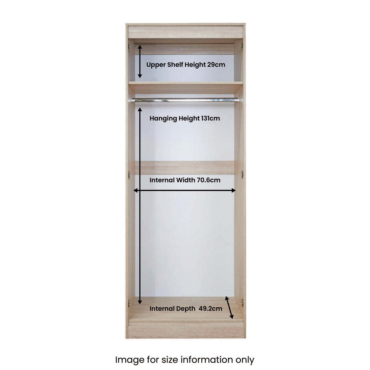 Wooden wardrobe interior with measurements: Upper Shelf Height 29cm, Hanging Height 131cm, Internal Width 70.6cm, Internal Depth 49.2cm. Displayed for size information.