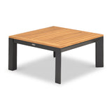 A square table with a wooden slat top and dark frame stands isolated against a white background.