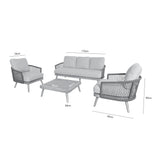 A grayscale image displays a four-piece outdoor furniture set with dimensions: a sofa (172cm), two chairs (76cm, 65cm), and a coffee table (80cm x 80cm, 28cm high).