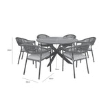 A six-seater outdoor dining set comprising a table and chairs with wicker details and cushions. Dimensions are displayed: height 82cm, table length 140cm, chair width 58cm, seat depth 65cm.