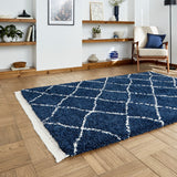 Navy Willow Shaggy Tasselled Diamond Rug from Roseland Furniture