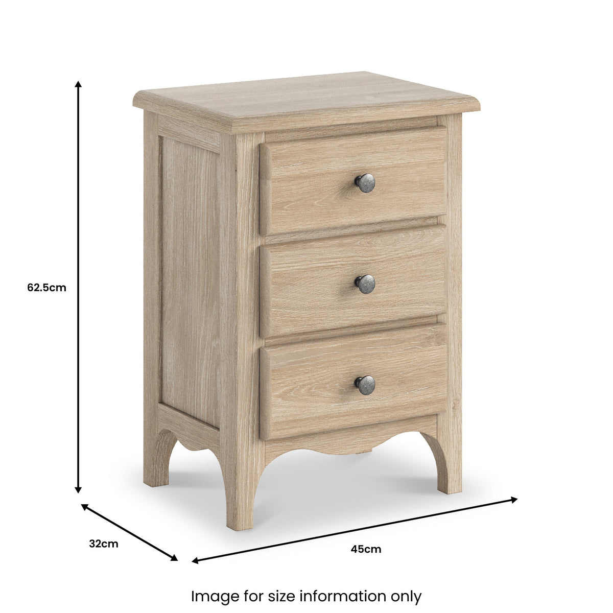 Celine Oak 3 Drawer Bedside Table dimensions