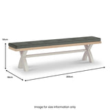 A cushioned bench with wooden legs is displayed with dimensions: height 50cm, width 38cm, length 200cm. Text indicates "Image for size information only."