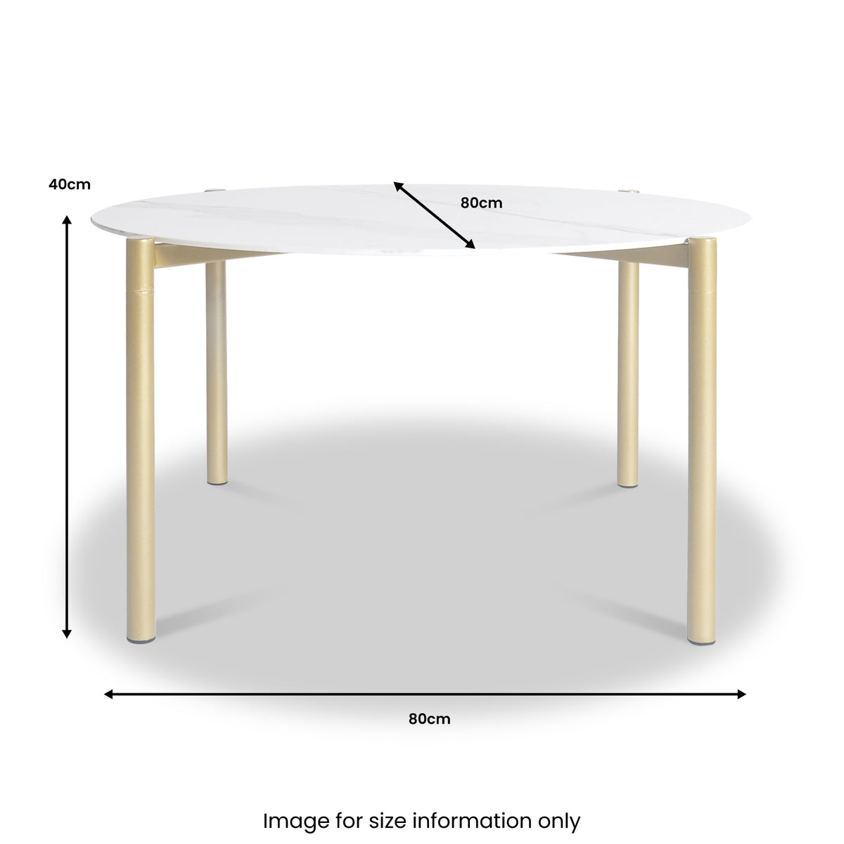 A round table with white top and gold legs, measuring 80cm in diameter and 40cm in height. Text reads: "Image for size information only."