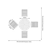 A diagram shows five views of a crib: front, top, side, and two diagonal angles. Dimensions indicate a width of 107cm, and recommended footprint of 3.60m.