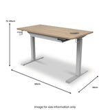 An adjustable-height desk, ranging from 73-120cm, with a wooden top and gray metal frame. It measures 120cm wide and 60cm deep. Text: "Image for size information only."