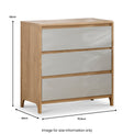 A wooden three-drawer chest with measurements: 82cm height, 79.5cm width, 39cm depth. Below is a disclaimer, 