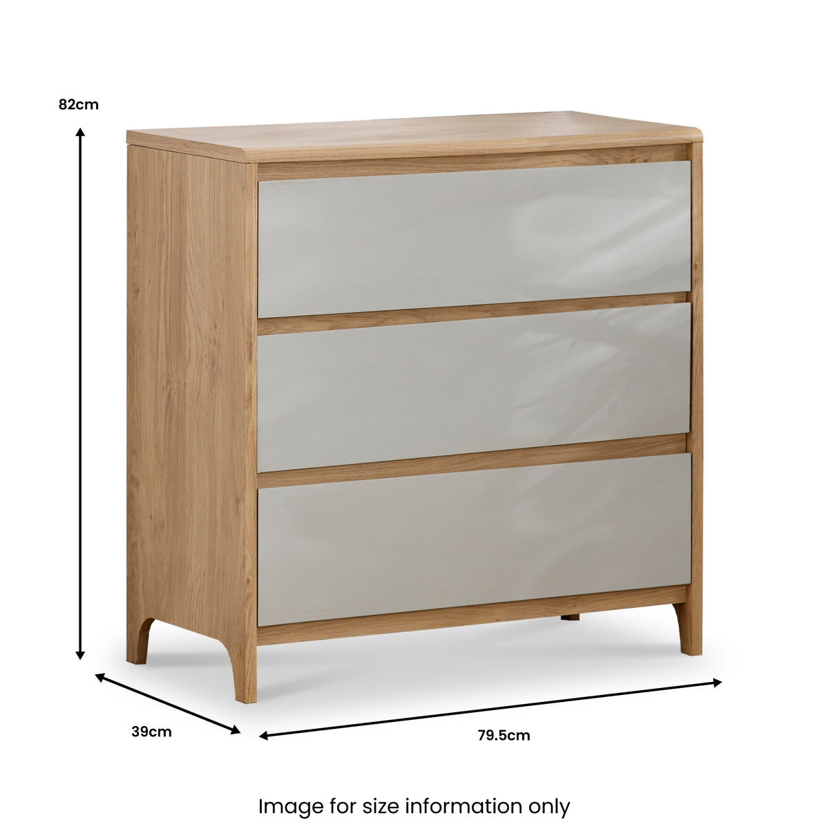 A wooden three-drawer chest with measurements: 82cm height, 79.5cm width, 39cm depth. Below is a disclaimer, "Image for size information only."