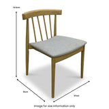 A wooden chair with a grey cushioned seat displays dimension labels: height 74.5cm, width 47cm, and seat depth 51cm. Text states "Image for size information only".