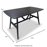 A black rectangular table with a length of 135cm, width of 80cm, and height of 75cm stands isolated. Text states, "Image for size information only."