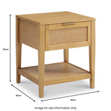 A wooden side table with a rattan drawer front stands isolated, dimensions labeled: 55cm high, 50cm wide, 45cm deep. Text reads: "Image for size information only."