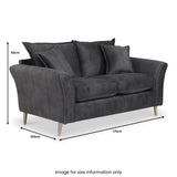 A charcoal gray two-seater sofa with plush cushions, displayed with dimension annotations: 92cm high, 171cm wide, 100cm deep. Text below reads, "Image for size information only."