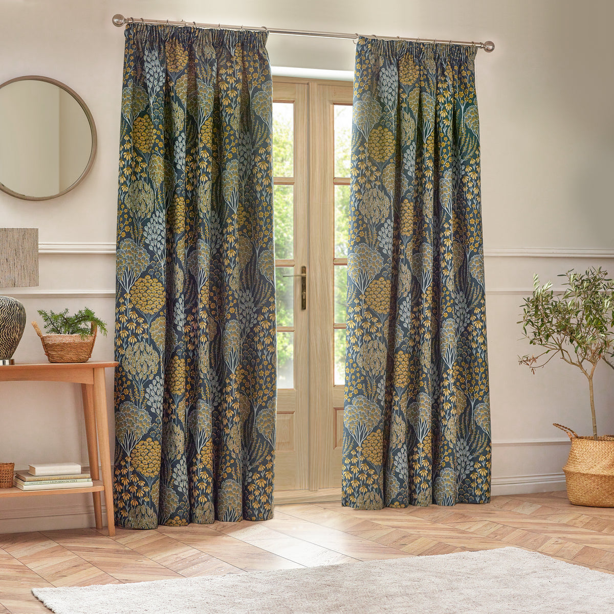 Ophelia 117X137 Pencil Pleat Curtains Blue/Saffron