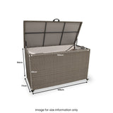 A brown rattan outdoor storage box with an open lid displaying dimensions: 150cm width, 66cm depth with lid open, 94cm total height, 80cm box height, 165cm including overhang, and 77cm ground to box bottom. Text: "Image for size information only."