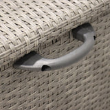 A grey woven basket handle protrudes, focusing on texture and functionality, against a basket's similarly colored textured body, symbolizing storage or organization solutions.