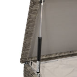 A telescopic arm, possibly part of furniture, is extended, connecting a woven grey structure to a fabric component, indicative of an adjustable item, against a neutral background.