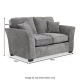 A grey two-seater sofa with dimensions 165cm in width and 100cm in height is displayed, with a note: "Image for size information only."