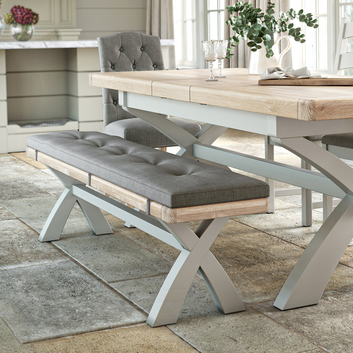 Penzance Stone Grey Cross Leg Bench with Cushion from Roseland Furniture