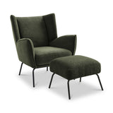 A textured green armchair with high wingback and angled armrests, alongside a matching ottoman, against a white background.