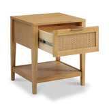 A wooden nightstand with an open drawer, revealing a light-colored interior, against a white background. The drawer front has a woven texture.