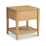 A wooden side table with a square top and lower shelf, standing isolated against a white background.