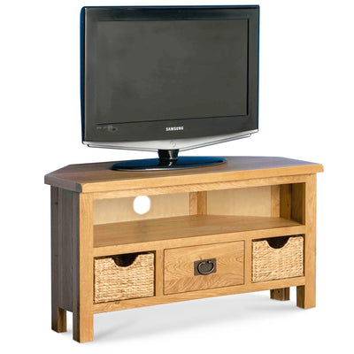 Surrey Oak Corner TV Stand with Baskets