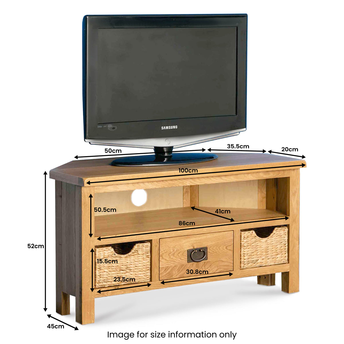 Surrey Oak Corner TV Stand with Baskets