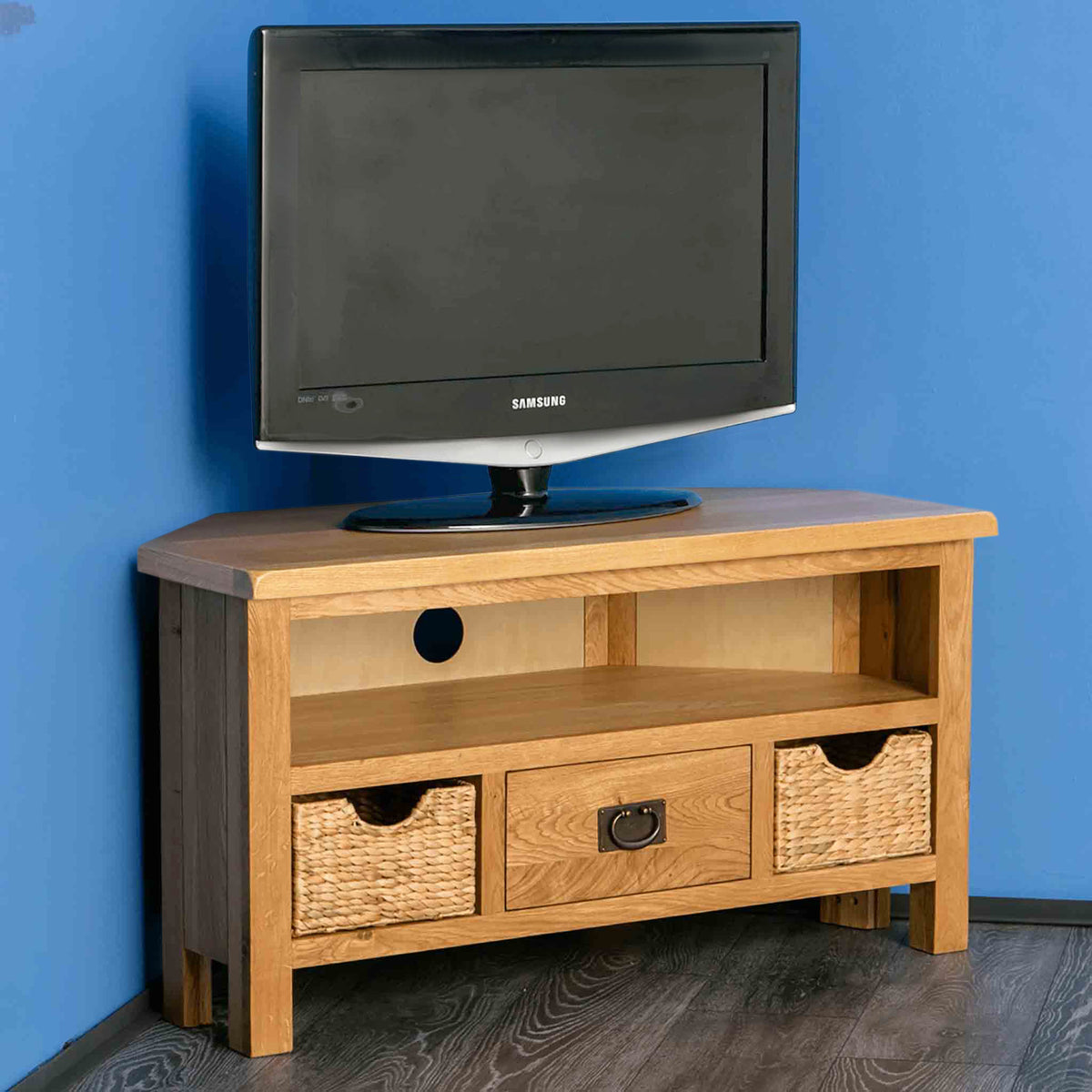 Surrey Oak Corner TV Stand with Baskets