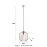 A pendant light with a cylindrical metal cage design, hanging from a ceiling fixture, is shown with dimensions: 120cm vertical drop, 30cm diameter. Text states "Image for size information only".