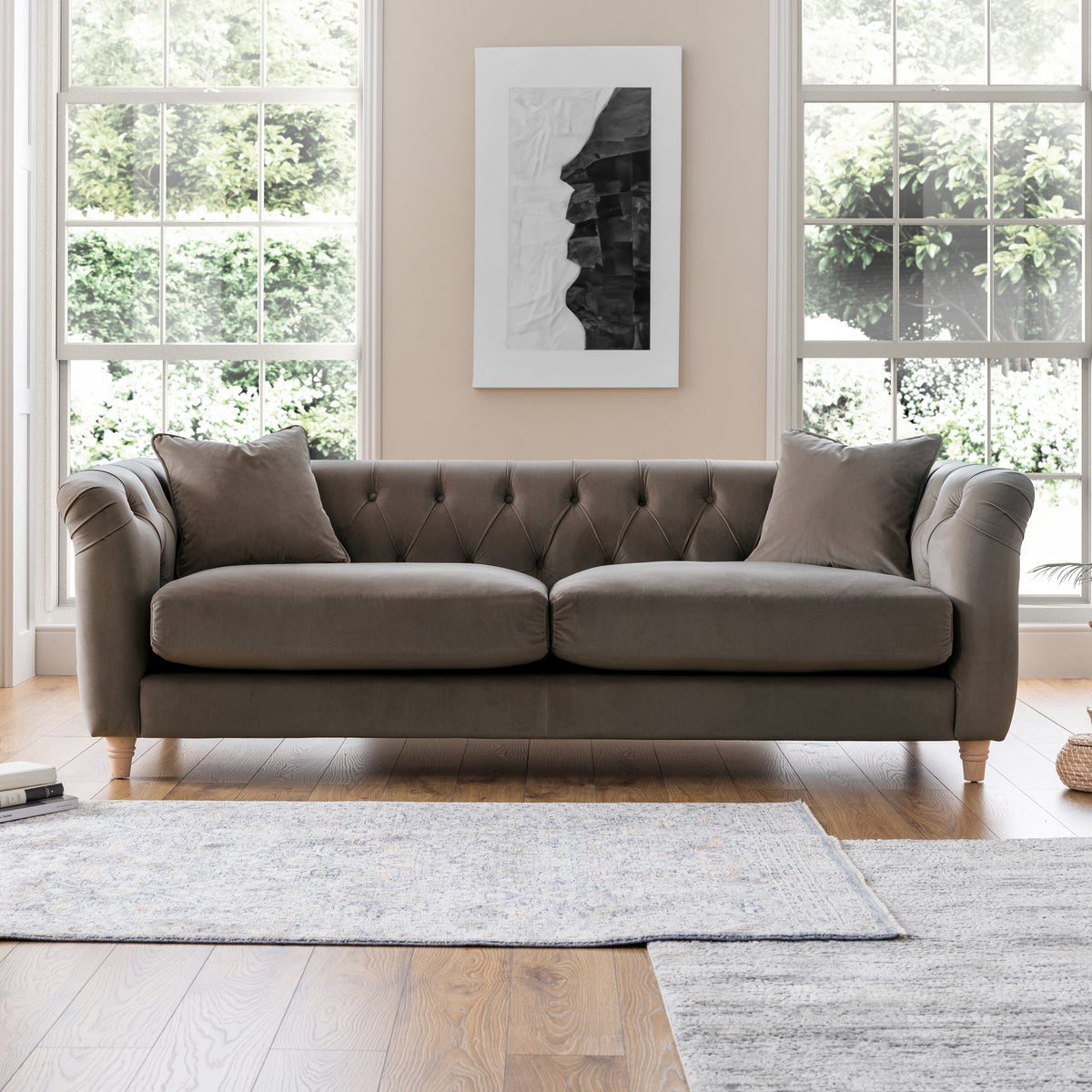 Clarence Mushroom Velvet Chesterfield 3 Seater Couch for living room