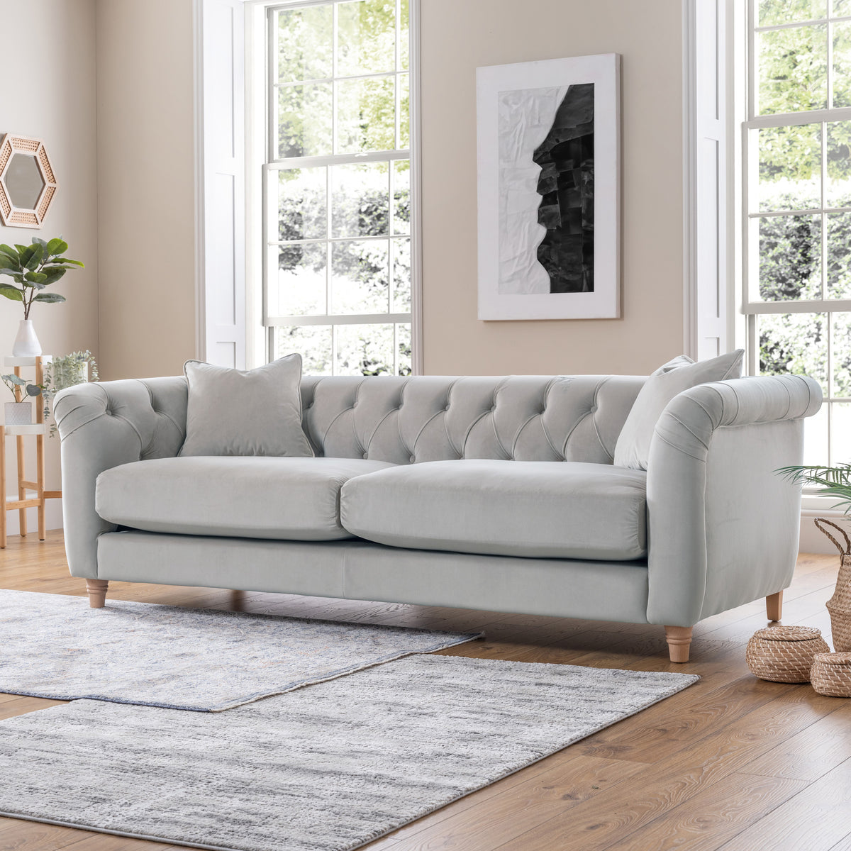 Clarence Chalk Velvet Chesterfield 3 Seater Sofa for living room