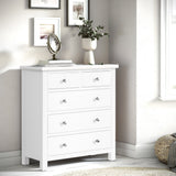 A white wooden dresser with seven drawers, each featuring a simple round knob, stands isolated against a plain background.