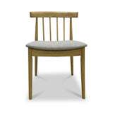 A wooden chair with a grey cushioned seat against a white background. It features a horizontal backrest and vertical slats.