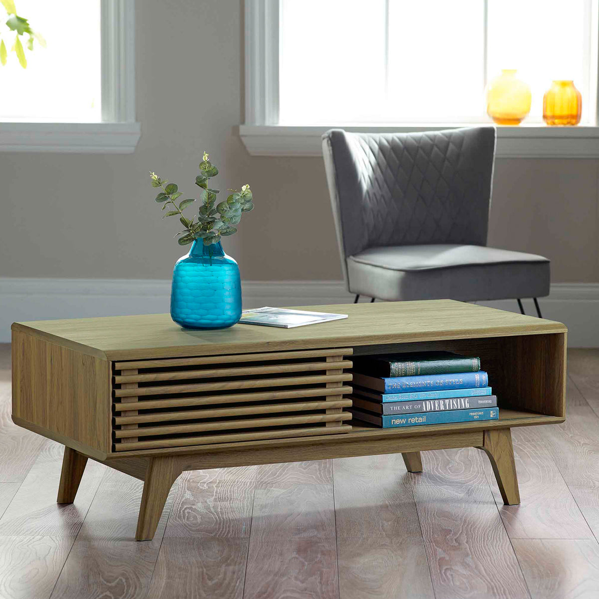 Brunswick Walnut or Oak Slatted Sliding Drawer Coffee Table | Roseland