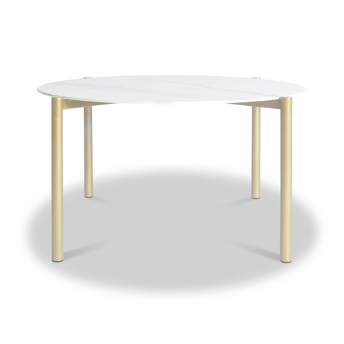 A white oval table with golden legs stands stationary, centered in a neutral, empty space.