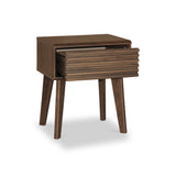 A brown wooden mid-century modern style nightstand with an open drawer, set against a white background.