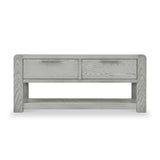 A light grey wooden bench with two drawers and horizontal metal handles, against a white background.