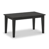 A dark wooden table stands idle against a white background with a simple, sturdy design and rectangular top.