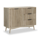 A wooden credenza with ribbed doors and three drawers, angled legs, against a white background.