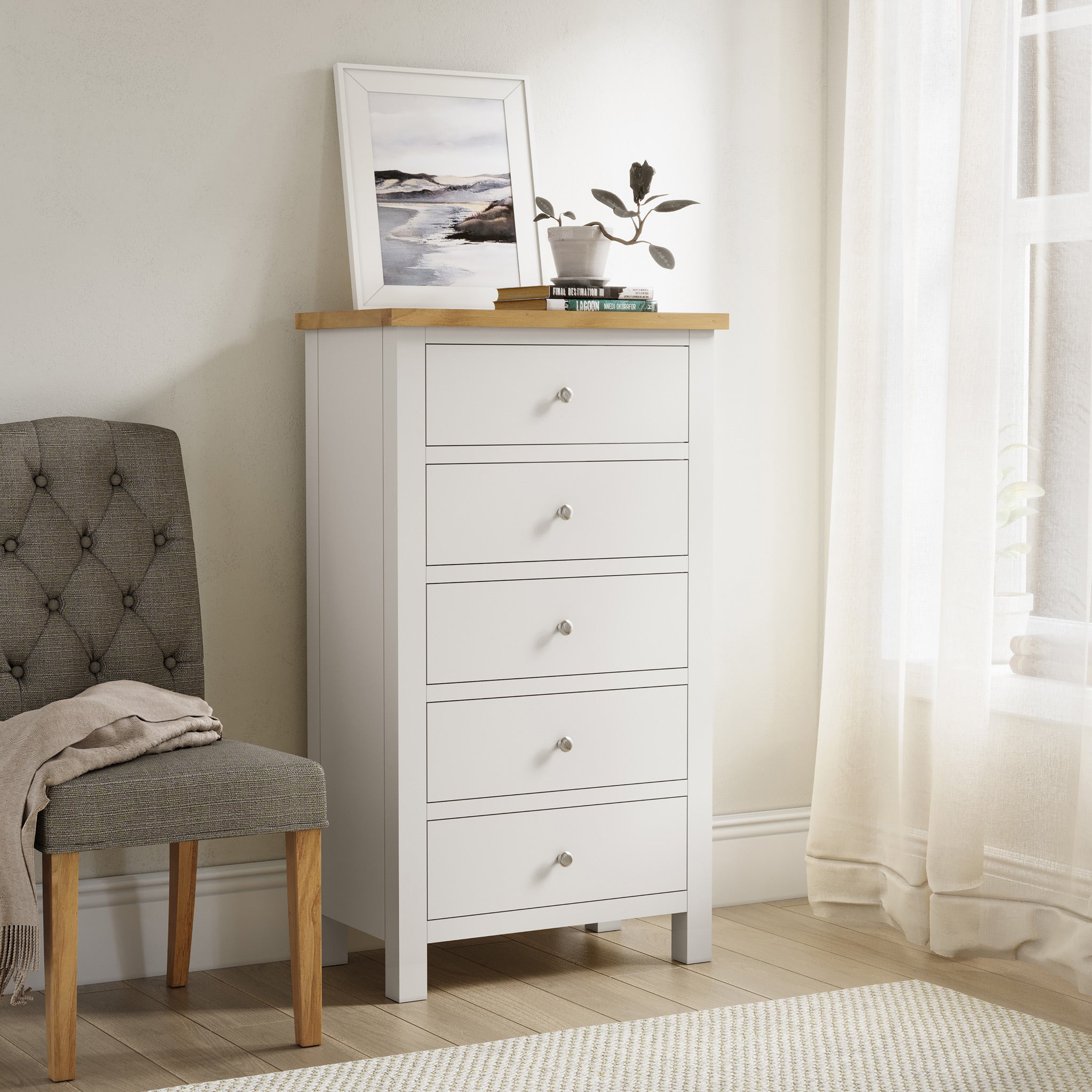 Farrow XL 5 Drawer Tallboy Chest Grey Cream White Navy