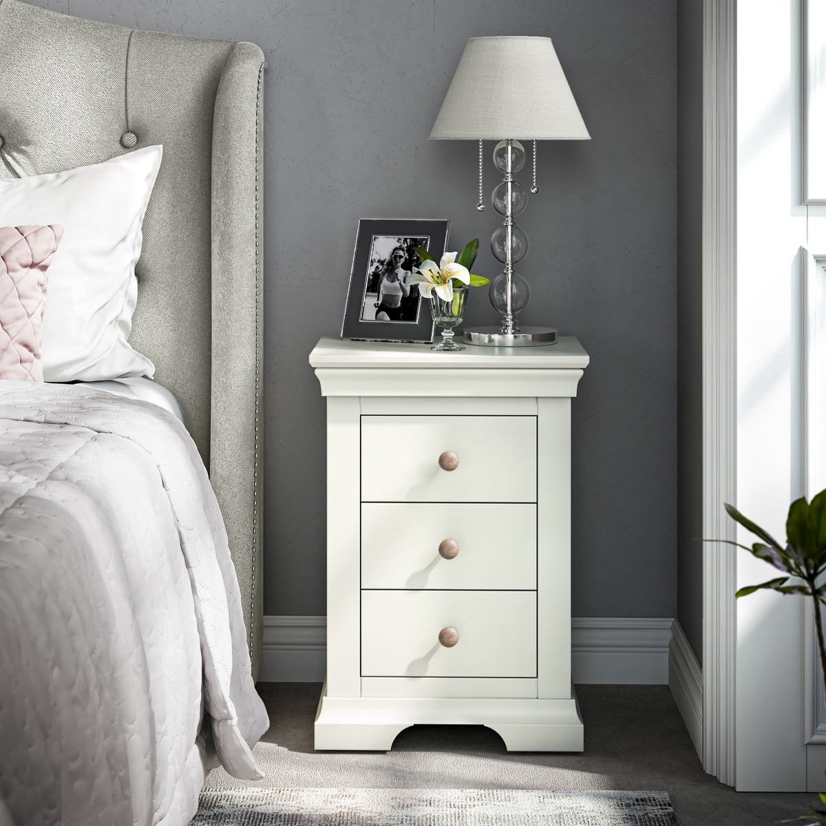 Colette Cream 3 Drawer Bedside Table from Roseland Furniture