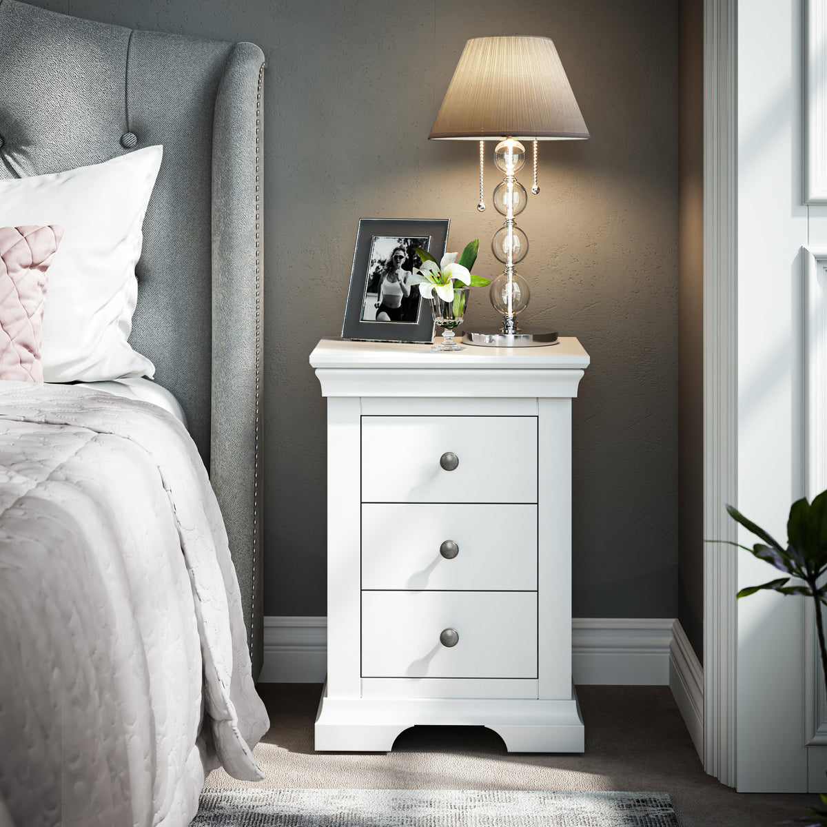 Colette Warm White 3 Drawer Bedside Table from Roseland Furniture