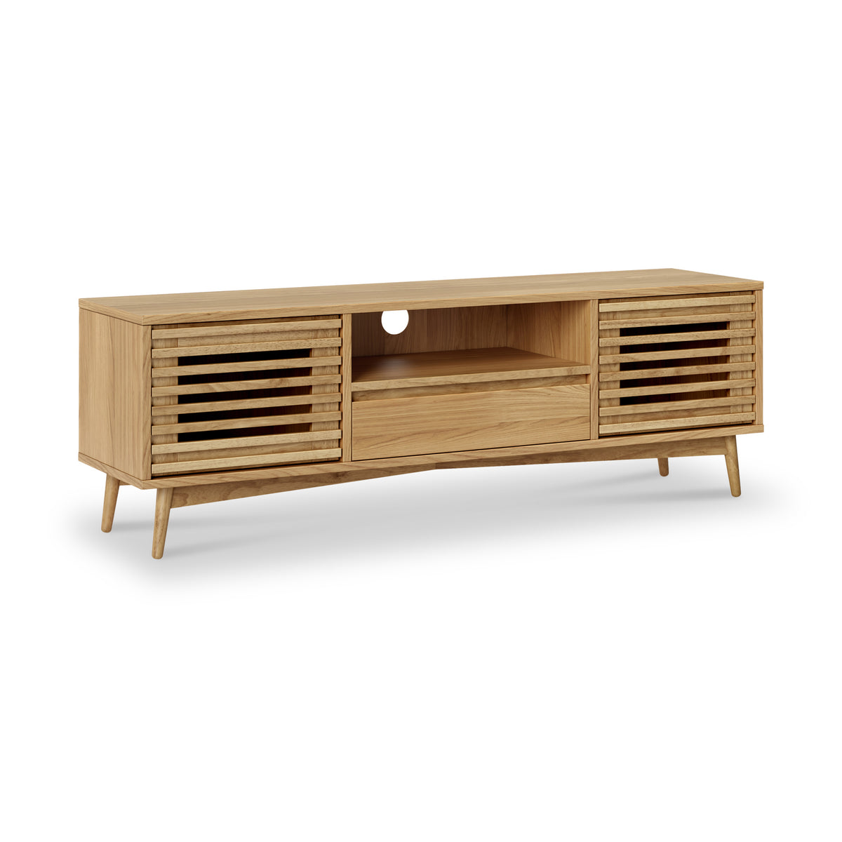 Kari-oak-150cm-wide-tv-unit-light-stain from Roseland Furniture