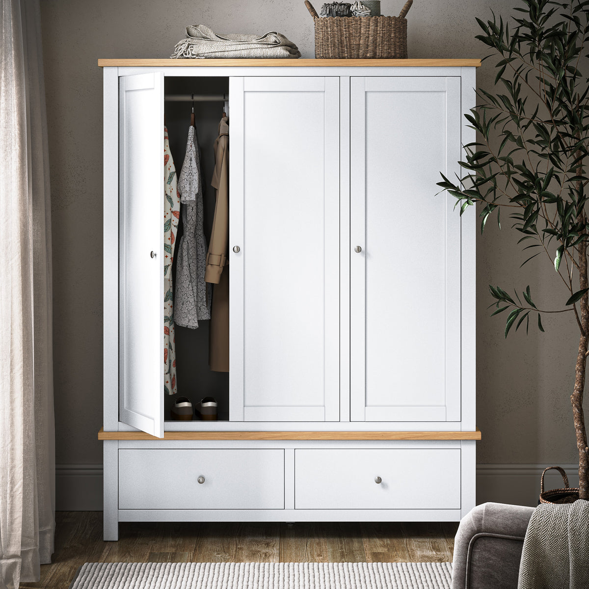 Farrow-XL-Triple-Wardrobe-w-2Drawer-white from Roseland Furniture