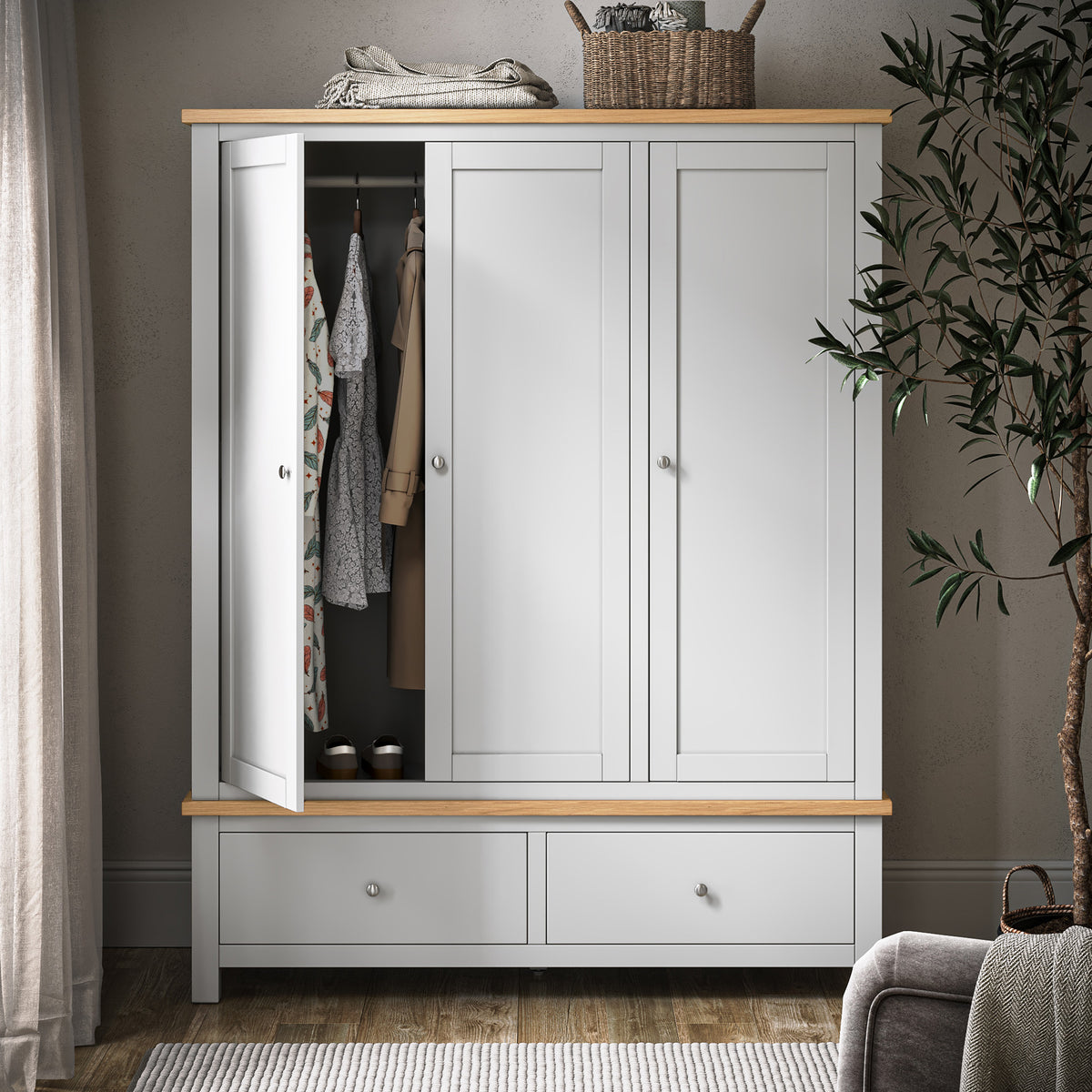 Farrow-xl-triple-wardrobe-with-2-drawers-grey from Roseland Furniture