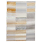 A vertically oriented rug displays a pattern of alternating horizontal stripes in various shades of brown, grey, and blue against a cream background.