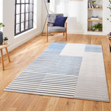 A striped rug rests on a hardwood floor inside a sunny room, flanked by modern furniture and potted plants.