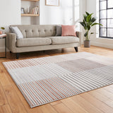 A beige sofa with cushions rests in a sunlit room, on wooden flooring with a striped rug in front. A plant sits by a window to the right.