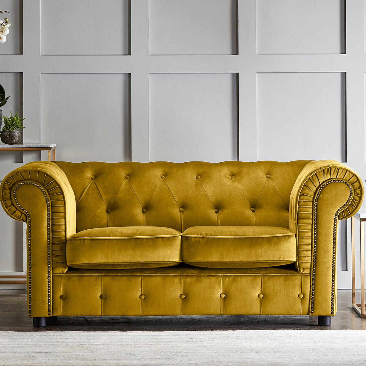 Kingswell-velvet-2-seater-sofa-turmeric from Roseland Furniture